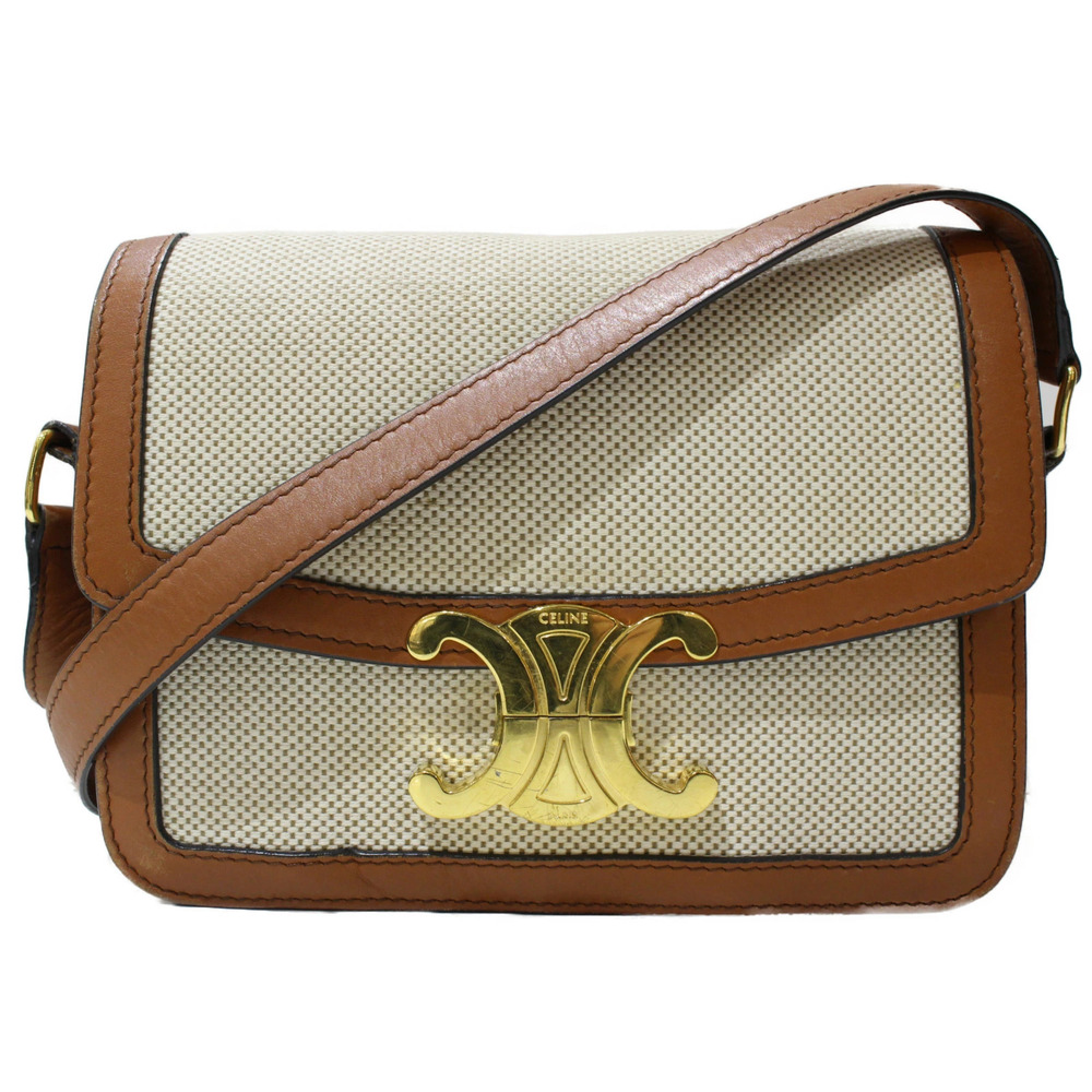 CELINE shoulder bag crossbody Triomphe Ivory White brown canvas leather